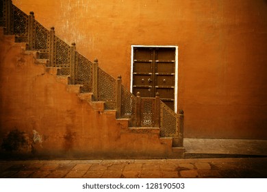 India, Orange Interior Of A Local House, Stairs