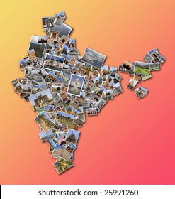 India outline map filled with a collage made of large collection of photos displaying Indian  monuments and famous places.