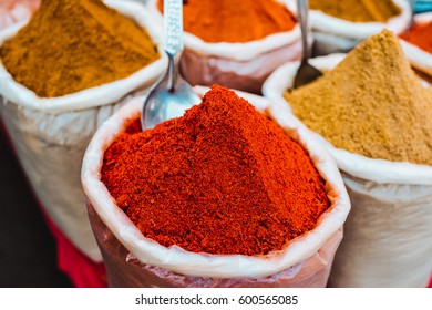 India Spices At The Local Market At Delhi.