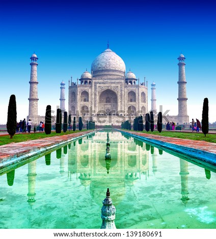 India, Taj Mahal. Indian palace Tajmahal world landmark.