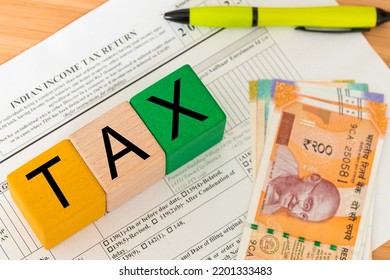 India Tax Return, Personal Form, Tax Wooden Blocks, Indian Rupee File, Concept, India Tax System