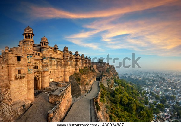 India tourist attraction - Mughal\
architecture - Gwalior fort. Gwalior, Madhya Pradesh,\
India