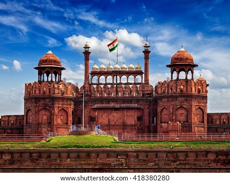 India travel tourism background - \Red Fort (Lal Qila) Delhi - World Heritage Site. Delhi, India