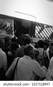 India, Udaipur - March 24, 2018: Boarding Passengers In A Crowded Train Car, Well-filled Train