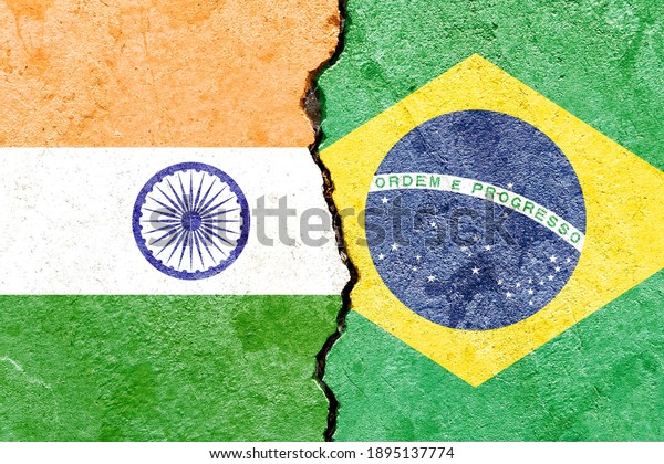 India VS Brazil national flags icon isolated on\
broken weathered cracked concrete wall background, abstract\
international political relationship friendship conflicts concept\
texture wallpaper
