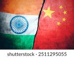 India VS China national flags on broken concrete wall background, abstract India China international political conflicts concept