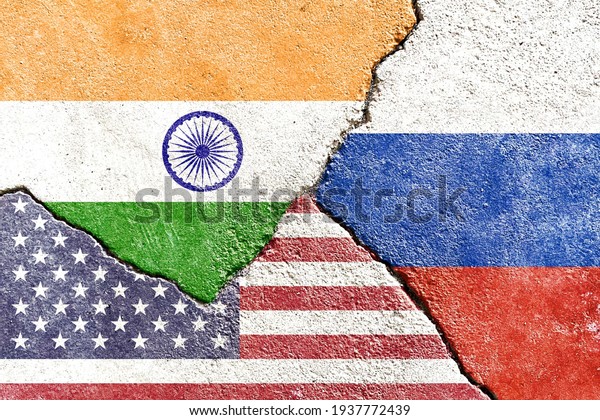 India VS Russia VS USA national flags icon on\
broken weathered cracked wall background, abstract international\
country political economic relationship conflicts concept pattern\
texture wallpaper