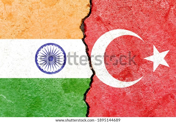 India VS Turkey national flags icon isolated on\
broken weathered cracked concrete wall background, abstract\
international political relationship friendship conflicts concept\
texture wallpaper