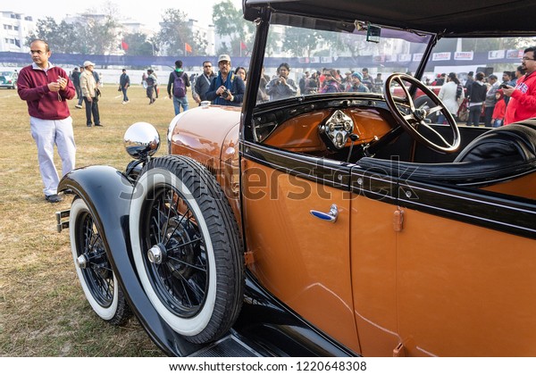India, West Bengal, Kolkata -\
19.01.2014 - Well maintained interior of a vintage Ford\
model.