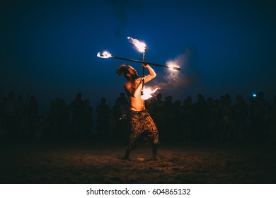 INDIA/GOA, 12 January, 2017: Amazing Fire Show At Night (Arambol Beach, Goa)