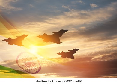 Indian Air Force Day. Indian jet air shows on background of sunset with transparent Indian flag. Commemorate Indian Air Force Day on October 8 in India. - Shutterstock ID 2209155689