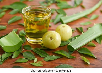 Indian Amla Berry, Gooseberry Powder Ayurvedic Oil , Herbal Hair Oil With Herbs Tulsi Neem Leaves, Neem Oil,  Aloe Vera Indian Ayurveda Treatment For Hair And Skin, Making Medicine Kerala, India