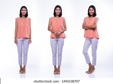Indian Arab Business Woman Stand in housewife outfit pants and shoes, studio lighting white background isolated, Wife and mother stand many act in collage group pack