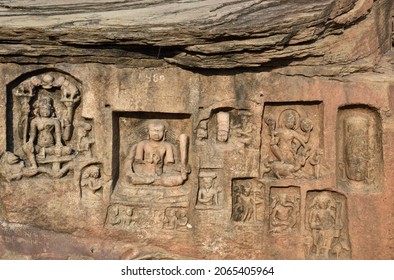 Indian Architecture of 5th Century. Stone sculptures on the wall inside the Neelkanth temple in Kalinjar Fort, Uttar Pradesh, India. - Shutterstock ID 2065405964