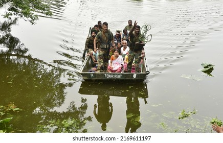 Indian Army Rescue Flood Affected Villagers At Kalita Kuchi In Kamrup District Of Assam India On Monday 20th June 2022.