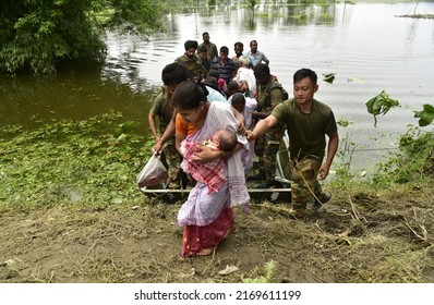 Indian Army Rescue Flood Affected Villagers At Kalita Kuchi In Kamrup District Of Assam India On Monday 20th June 2022.