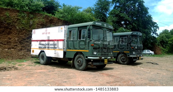 indian army\
trucks standing at tourist place district jabalpur Madhya Pradesh\
in India shot captured on Aug\
2019
