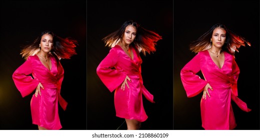 Indian Asian 20s Tanned Skin Woman Wear Pink Shinny Dress Express Feeling Happy Smile. Fashion Female Poses Spin Throw Hair In Air With Back Light Backlit Half Body Over Gray Dark Background Isolated