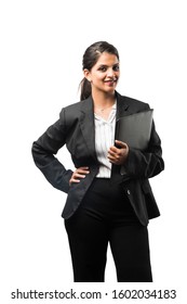 Indian / Asian Business Woman With File Or Folder, Standing Isolated Over White Background