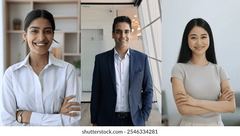 Indian and Asian businesspeople pose in workspace staring at camera. Collage of three successful corporate staff members, employees and boss feel satisfied with career growth and business perspectives - Powered by Shutterstock