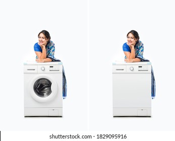 Indian Asian happy housewife presenting Dish Washer or Washing Machine