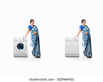 Indian Asian happy housewife presenting Dish Washer or Washing Machine