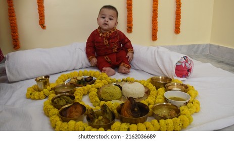 Indian Baby At Feeding Tradition, Infant First Feeding Aka The Annaprashana Party. Indian Traditional Rice Ceremony. 