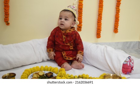 Indian Baby At Feeding Tradition, Infant First Feeding Aka The Annaprashana Party. Indian Traditional Rice Ceremony. 