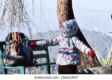 Indian Baby girl or child enjoying beauty of nature looking at mountain Himalaya . Adventure travel in Uttarakhand India. Girl stands with raised arms on top on background with forest.Ranikhet.