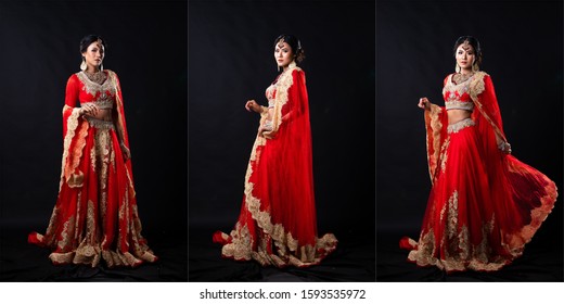 Indian beauty face perfect make up wedding bride, Full length snap of a beautiful woman in Red Gold traditional ethnic Pakistani bridal costume stand pose dark background, collage group pack concept