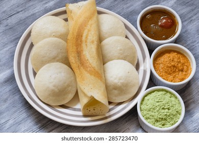 Indian Breakfast Idli Dosa Sambar And Chutneys Overhead View