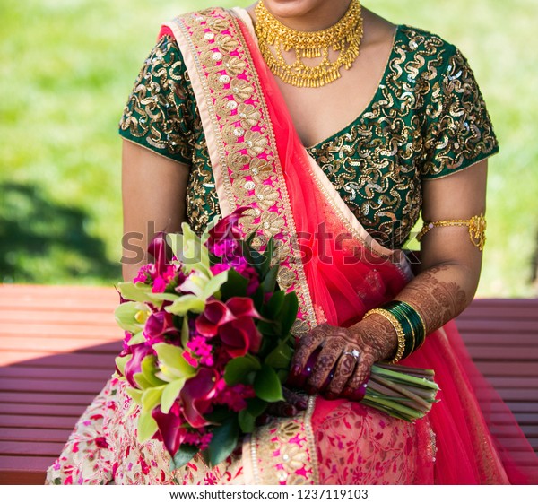 Indian Bridal Wearing Gold Necklace Holding Stock Photo Edit Now