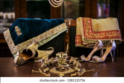 Indian Bride And Groom Wedding Outfits And Jewelry With Shoes