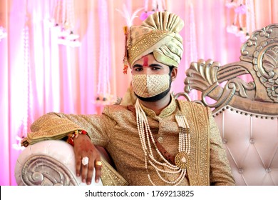 Indian Bridegroom In Mask.Protection Against Covid-19 Pandemic During Marriage Ceremony. Safe Wedding. Mask A New Essential In Post Covid-19 Marriages. 