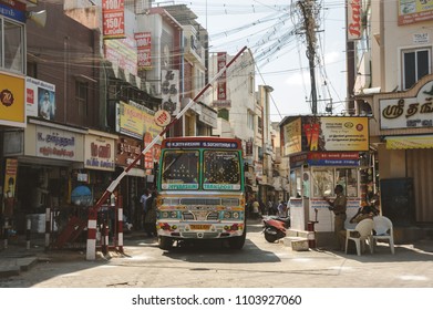 Indian Bus Rides Through The Barrier In The City. 23 February 2018 Madurai, India