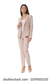 Indian Business Woman In Beige Pant Suit Full Body Protrait In High Heels Stiletto Shoes Isolated On White