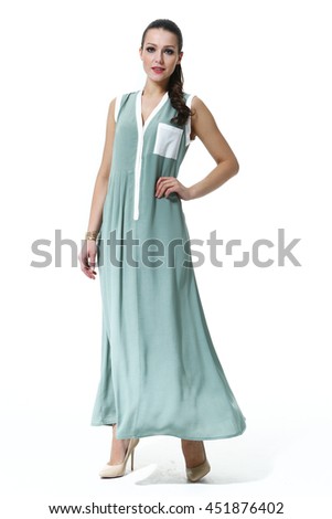 indian business woman with straight hair style in summer sleeveless long pastel blue dress high heel shoes full body length isolated on white
