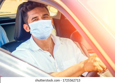 Indian Businessman In Car Outdoors On Sea Beach Summer Good Day.a Man In A White Shirt And Mask Rejoicing Buying A New Car Enjoying A Vacation By The Ocean