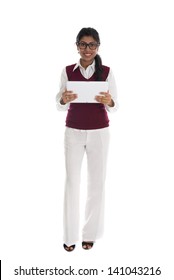 Indian Casual Business Woman With Generic Looking Tablet, Full Body