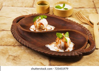 Indian Chaat Dahi Bhalle With Curd And Sweet Sauce