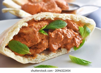 Indian Chicken Curry With Pitta Bread.  Traditional Indian Food. 