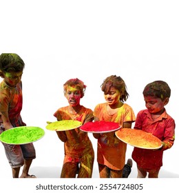 Indian children with colorful face in festival Holi. Smiling child with hands and face covered in vibrant colorful powder, celebrating Holi festival with joy and excitement. - Powered by Shutterstock