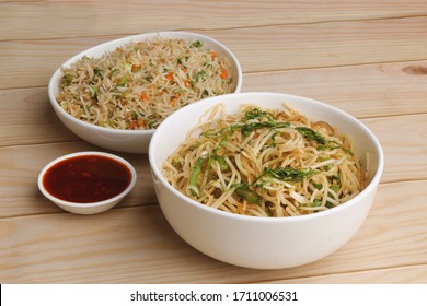 Indian Chinese Combo Of Veg Fried Rice, Veg Noodles And Sauce. 