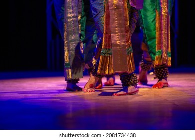 Indian classical dance form in feet with musical anklet with selective focus and blur. Kuchipudi classical dance