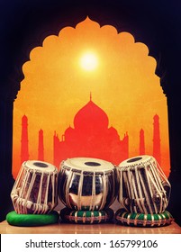 Indian Classical Music Instrument Tabla Drums At Taj Mahal Background In India