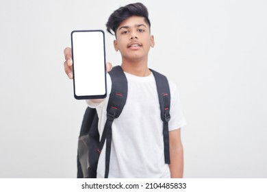 Indian College Student Showing Mobile Screen On White Background.