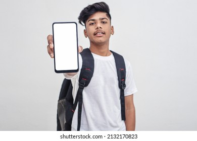 Indian College Student Showing Mobile Screen On White Background.