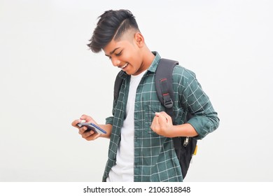 Indian College Student Using Smartphone On White Background.