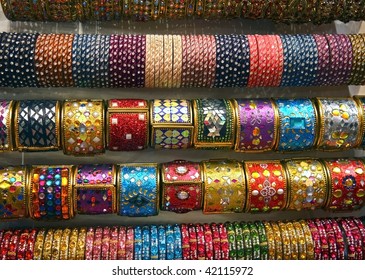 Indian Colored Glass And Metal Bangles