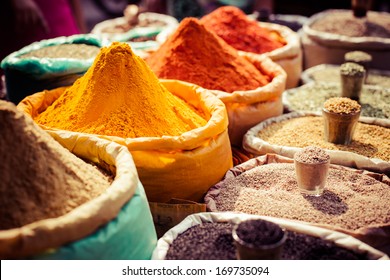 Indian Colored Spices At Local Market.